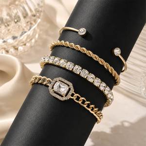 Hot Sell Vintage Gold Plated Zinc Alloy <b>Square</b> Diamond Adjustable Charm Bracelet Bangles <b>Set</b> High Polished Women's Jewelry Third - Product Image 6