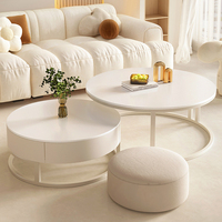 Ensemble de table basse ronde en bois et marbre de luxe moderne, blanc avec rangement, design extensible multifonctionnel, meubles de salon