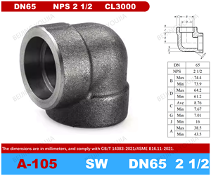 Youjia ASME B16.11 ASTM A105 Gomito a 90 Gradi con Saldatura a Boccola 3000lbs Alta Pressione Forgiato Superficie Liscia Raccordi per Tubi DN65 NPS GB/T - Product Image 2