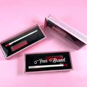 New private label matte liquid lipstick set lip gloss with lip liner set with pink slide box lipstick lipliner set