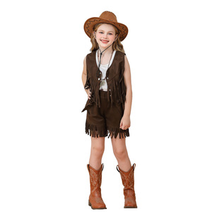 Ensemble gilet à franges et short pour filles, <span class=keywords><strong>costume</strong></span> de <span class=keywords><strong>cowgirl</strong></span> en daim marron, tenue de performance ethnique western bohème hippie pour enfants - Product Image 1