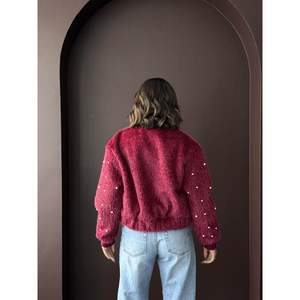 Blousons Bomber en Fausse Fourrure pour Femmes Topshow, Détails Perles, Logo Personnalisable, Manteau Court en Cuir Saison Automne, Peau de Mouton, Taille XL - Product Image 1