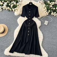Robes longues en tricot élégantes et ajustées pour femmes, manches courtes, col simple, robe midi