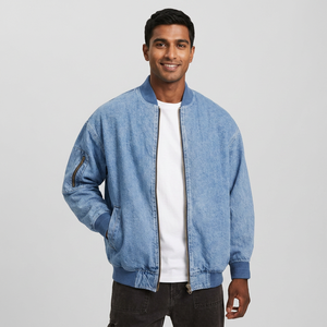 High Quality <b>Men's</b> Custom Made <b>Denim</b> Autumn <b>Jacket</b> Washed Vintage Stand Collar Front Logo 100% Cotton ODM Serviced - Product Image 1