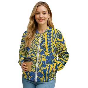 Giacca Bomber da <span class=keywords><strong>Donna</strong></span> Stile Tribale Polinesiano <span class=keywords><strong>Giallo</strong></span> e Blu, Casual con Zip Intera, Giacca Varsity con Tasche, Capospalla - Product Image 1