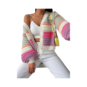 Cárdigan de punto para <span class=keywords><strong>mujer</strong></span> para Otoño Invierno 2025 estilo europeo americano para <span class=keywords><strong>Amazon</strong></span> abrigo Arco Iris rayas mangas linterna Color - Product Image 1