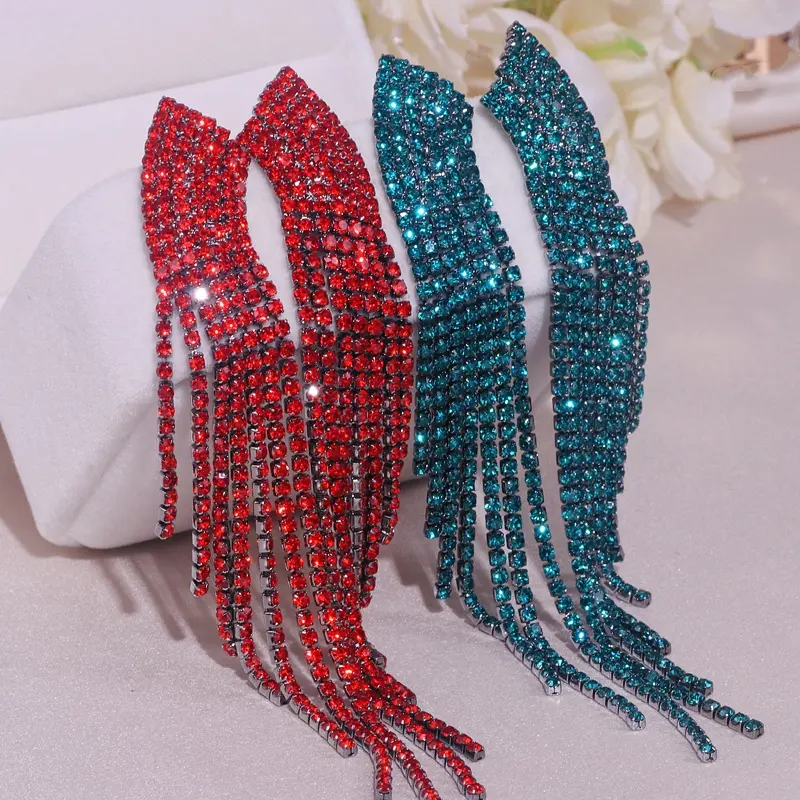 Sáng đầy đủ Rhinestone dài tua Bông tai cho phụ nữ hình học thả dangle Bông tai buổi tối ăn mặc tuyên bố Bông tai phụ kiện