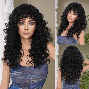 Peluca de Cabello Largo y Rizado con Flequillo, Estilo Europeo Americano, Color Negro, para Mujer, Ondulado Profundo, Sin Remy, Cobertura Completa - Product Image 5