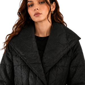 Elegant Black Belted Quilted Long <strong>Coat</strong> for Women, Big Notched Lapel Slim Waist Formal Commute Padded Overcoat - Product Image 5
