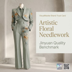Completo Tre Pezzi da Donna con Bolero Corto Ricamato, Pantaloni a Gamba Larga, Elegante per Ufficio, Verde Salvia e Oro, Lussuoso Personalizzato Jinyuan - Product Image 4