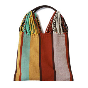 Bolso de mano de algodón a rayas ecológico de lujo, detalle de flecos de moda, dos asas, sensación suave, bolsos de playa con parte superior abierta - Product Image 2