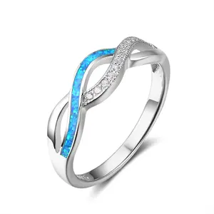 Hot Sale Geometric 925 Sterling Silver Jewelry White Gold Plated Blue Opal Cz Ring with Prongs Setting for Women