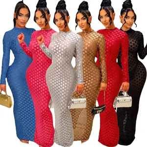 Women Long Dresses with Long Sleeve Mesh round neck slim Dress spring summer Party Club Xs Bodycon Dress