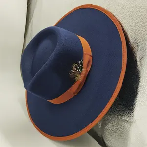 2023 New Arrival Hot Sale Women Bow Hemming Two Tone Fedora Hats With Feather High Quality Ribbon Wool Felt Fedora Hat Mens