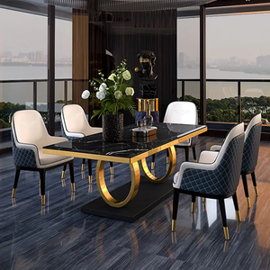 Bộ bàn ăn đá cẩm thạch đen bán chạy, phong cách sang trọng nhẹ nhàng, mặt bàn đá nhân tạo trắng, chân inox vàng. - Product Image 5