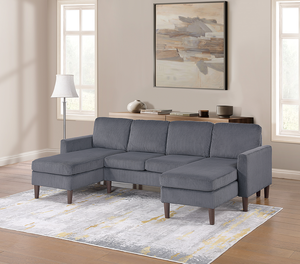 Ensemble de canapé en velours côtelé en forme de L, 3 pièces, avec pieds en bois, accoudoirs carrés, fonctions inclinables, housse amovible en gris foncé - Product Image 1