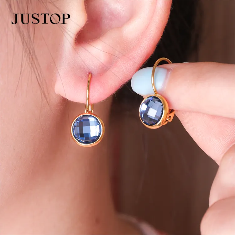 High Quality Jewelry Luxury Elegant Full Diamond Blue Crystal Glass Diamond Gold Plated Wedding Hoop Earrings