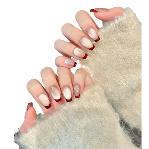 <span class=keywords><strong>Uñas</strong></span> Postizas Francesas Vintage Color <span class=keywords><strong>Vino</strong></span> Tinto, <span class=keywords><strong>Uñas</strong></span> Postizas Rojas Brillantes Hechas a Mano para Otoño Invierno, Blanqueamiento de Piel - Product Image 5