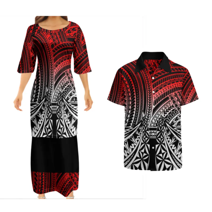 Niedriger Preis Großhandel Custom Polynesian Design Paare Kleidung Zweiteilige Sets Samoan Puletasi Kleid Passende Herren hemden Aloha