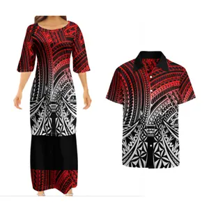 Low Price Wholesale Custom Polynesian Design Couples Clothing Two Piece Sets Samoan Puletasi Dress Matching Mens Shirts Aloha