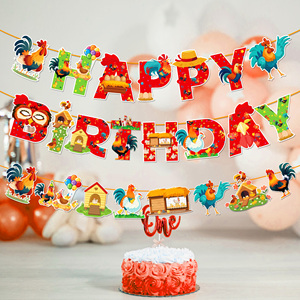 Huancai pollo cartel de <span class=keywords><strong>feliz</strong></span> cumpleaños gallina <span class=keywords><strong>Gallo</strong></span> guirnalda de papel decoraciones colgantes banderines para cumpleaños suministros de fiesta de granja - Product Image 5