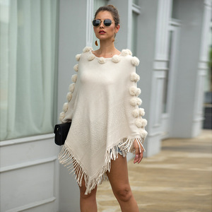 Maglione FNJIA da Donna <span class=keywords><strong>con</strong></span> Collo a Scialle, Tinta Unita, Pon Pon in Pelliccia, Mantella <span class=keywords><strong>con</strong></span> <span class=keywords><strong>Frange</strong></span> e Decorazione <span class=keywords><strong>con</strong></span> Applicazioni Cartoon - Product Image 1