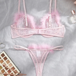 Wholesale Adult Sweet Cute <b>See</b> <b>Through</b> Plush <b>Bra</b> and Thong Lingerie Set Ladies Hot Sexy Lace Lingerie Set Women - Product Image 2