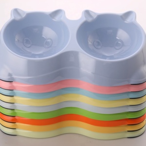 Cute <b>Cat</b> Face Dual Pet Bowl Plastic Non Slip <b>Feeder</b> For <b>Cats</b> Kitten Small Puppy Multi Color Rounded Design - Product Image 1