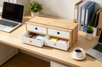 Organisateur de bureau à 4 tiroirs en bambou, armoire de rangement multifonctionnelle pour fournitures de bureau, organisation de cosmétiques et de maquillage