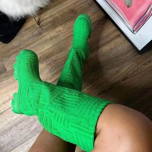 Trendy Round Toe Flat Square Heel Shoes Women's Plush Long <b>Boots</b> Soft Knee High Booties Flats With on - Product Image 1