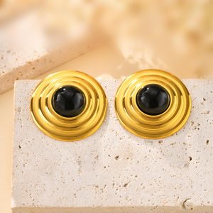 Pendientes retro de estilo europeo y americano a la moda para mujer, aretes redondos de ágata negra de acero inoxidable dorados - Product Image 3