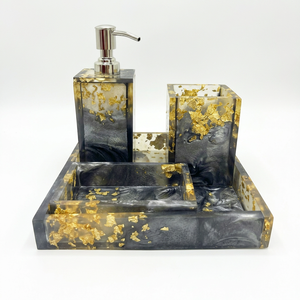 Resin Bathroom Accessory Set Rectangle Gold Flake Soap Dispenser <b>Toothbrush</b> <b>Holder</b> Towel Tray Modern Bathroom Countertop Decor - Product Image 1