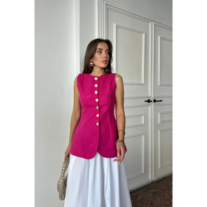 Chaleco de Lino Jacquard con Cintura Ajustada, Color Fucsia, Top sin Mangas para Mujer con Botones Dorados, Talla S - Product Image 4