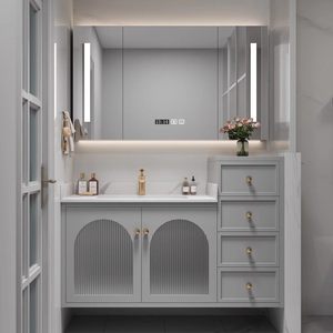 French Cream White Bathroom Vanity Solid Wood Cabinet with Round LED Mirror Ceramic Sink - Product Image 6