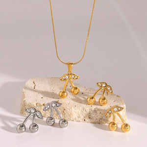 Yueli <b>Cherry</b> Pendant <b>Necklace</b> Stainless Steel Zircon Fruit Design Gift Jewelry Set - Product Image 4