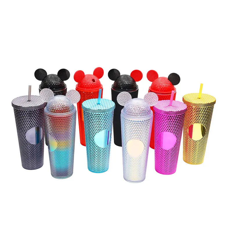 24oz 710ml Hot Amazon Custom DIY Double Wall Plastic water bottle studded Clear Cup Tumbler with Lids and Straws