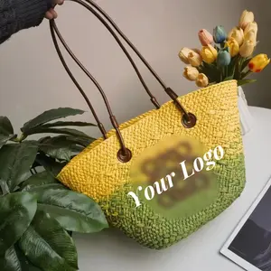 Bolsa de praia de palha de papel com logotipo personalizado, bolsa de moda feita à mão, sacola de palha de verão personalizada para mulheres