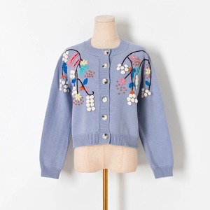 <span class=keywords><strong>Cardigan</strong></span> in Maglia a Maniche Lunghe <span class=keywords><strong>con</strong></span> Fiori Ricamati a Mano e Pompon, Giacca Invernale Casual da Donna 100% Cotone Anti-Pilling - Product Image 1