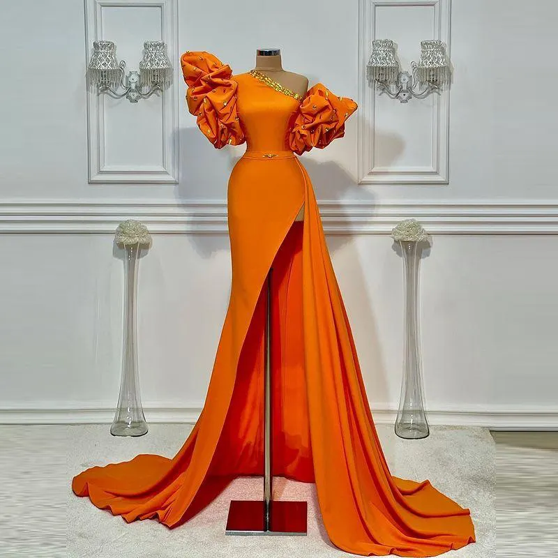 EV044 Orange One Shoulder Prom Dresses 2022 Summer Puff Short Sleeves Sexy Side Slit Evening Dress Cheap Satin Cocktail Gown