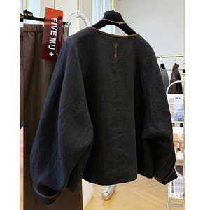 Five Mu Plus Women's Chinese Style Embroidered Cotton Linen <b>Cardigan</b> Black Long Sleeve Casual Spring Autumn <b>Coat</b> - Product Image 2