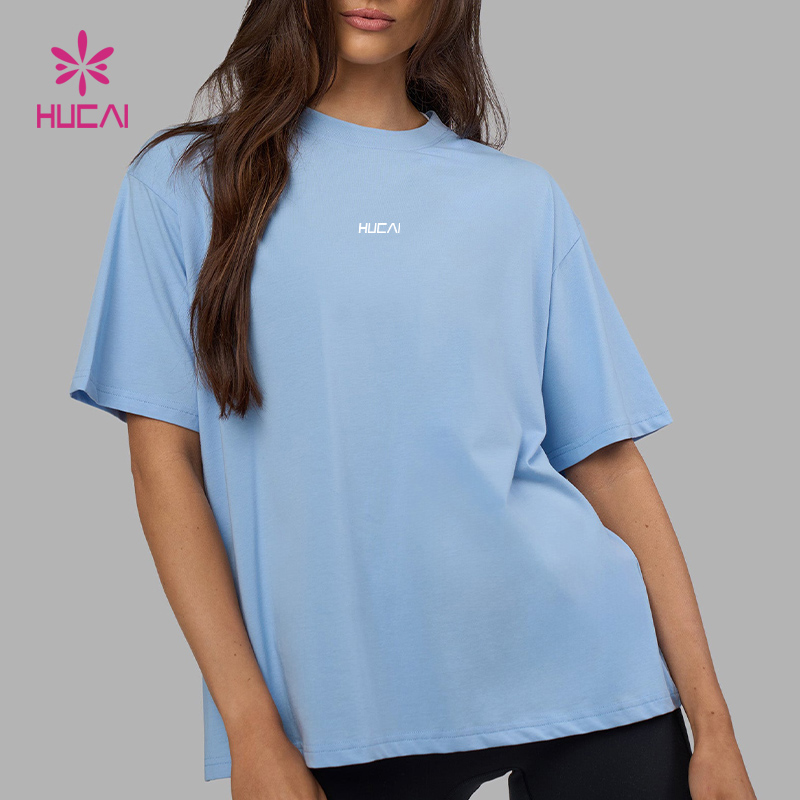 HUCAI Custom High Quality Cotton Spandex logo Printing Short Sleeve Oversized Tee Workout Training Gym t Shirt Women