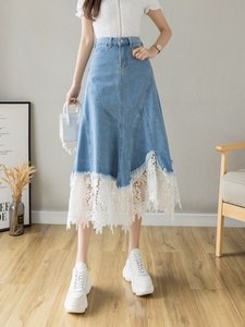 Wholesale 2026 Summer New Fashionable Mid Length High Waisted Slimming Pleated A-line Lace <strong>Patchwork</strong> Denim Women's <strong>Skirt</strong> - Product Image 4