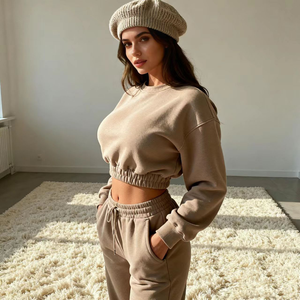 TKAN429 Top corto para mujer, sudadera Jogger, conjuntos de logotipo personalizado impreso, jersey de cuello redondo con forro polar transpirable para otoño - Product Image 1