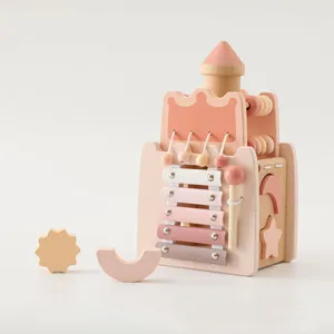 Blocs de château rose en bois Montessori 5 en 1 Jouets Cube d'activité occupé pour enfants filles