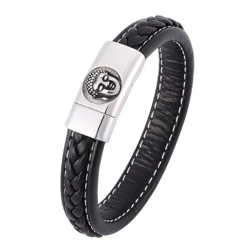 Nieuw Graveren Logo Mode Unisex Multi-Layer Geweven Leer En Roestvrij Staal Combinatie Heren Lederen Boeddha Armband Zwart Heren