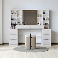 Coiffeuse sur mesure avec miroir et lumières, grande table de maquillage avec 8 tiroirs, étagères ouvertes et LED réglables pour la chambre à coucher
