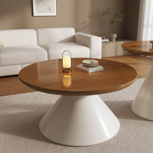 Modern <b>Round</b> Wood Coffee <b>Table</b> Midcentury Design <b>White</b> Base Living Room Furniture - Product Image 1