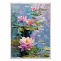Peinture à l'huile Impasto Lotus faite à la main 30x50cm, texture cuillère à palette, art floral sur toile de lin pour décoration murale d'hôtel et de galerie