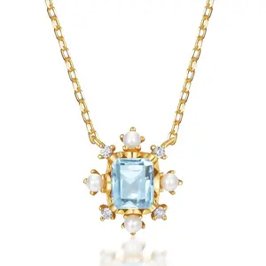 Wholesale custom sky blue topaz necklace jewelry trend gold plating necklace with zircon pendant