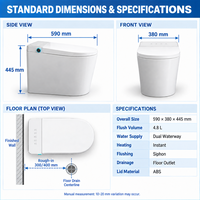 Toilet Pintar Satu Bagian Kompak dengan Sensor Siram, Kontrol Jarak Jauh, Pemanas Instan, Panel Kontrol Putih